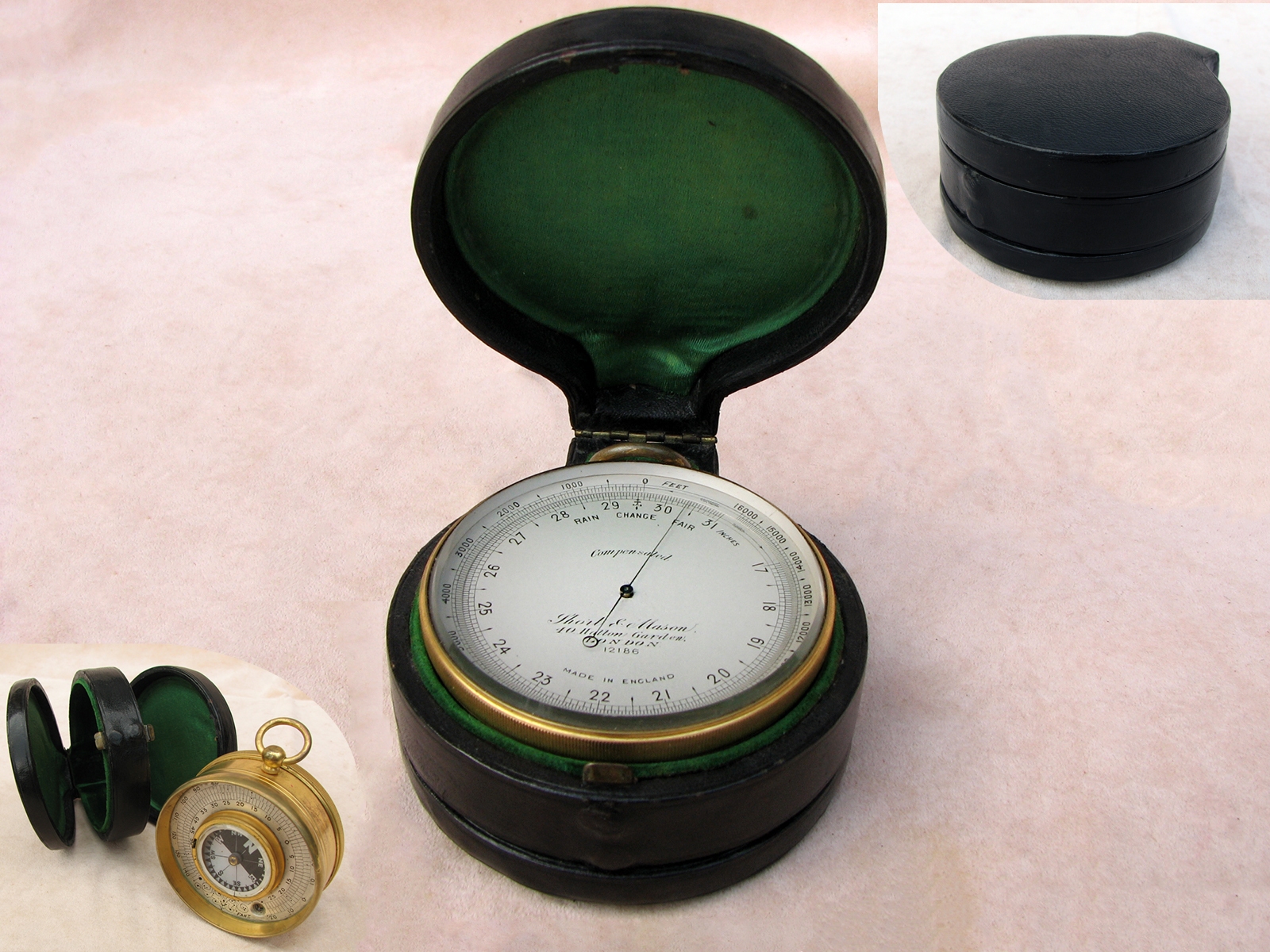 Short & Mason pocket barometer compendium in double lidded case - circa 1895